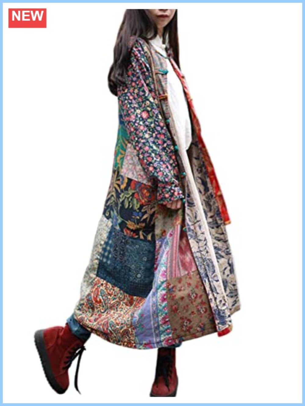 Patchwork Floral Cotton Linen Trench Coat Duster with Pockets - Lounge & Dorm